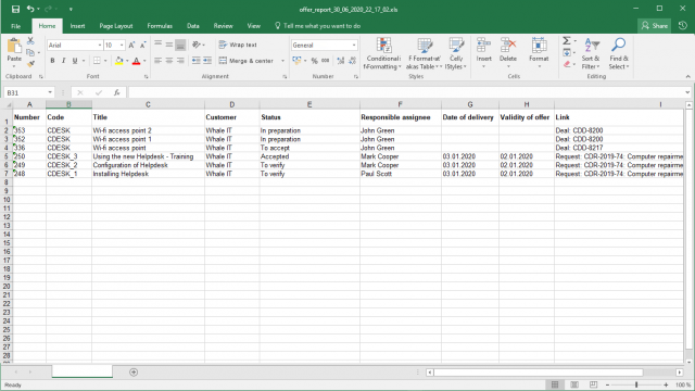 XLS report of deal offers