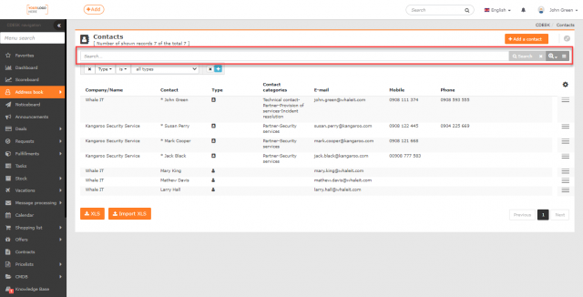 Field to search in the list of contacts