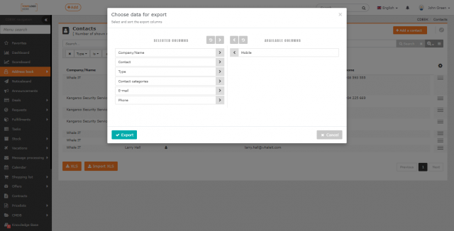Selection of columns for the export of contacts