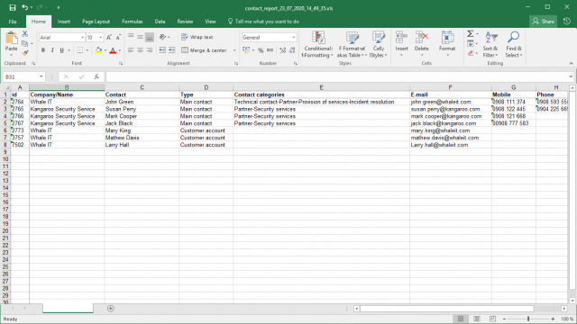XLS report of contacts