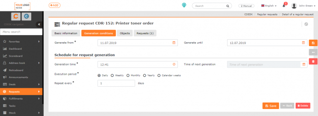 Setting the interval for repeating the request generation