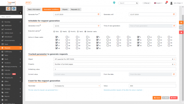Generating a request by schedule and parameter