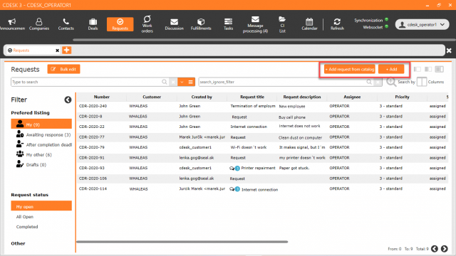 CDESK client – buttons for adding requests