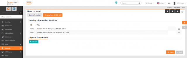 CI Objects assigned to the request in the Objects from CMDB tab