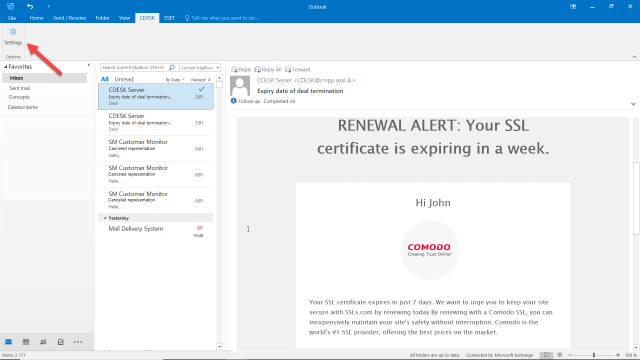 Tlačidlo pre konfiguráciu CDESK Outlook Pluginu
