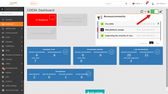 Switch to enable editing of the dashboard