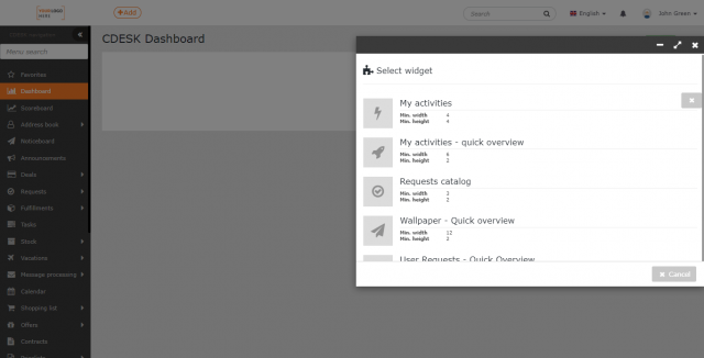 Select a widget for the dashboard