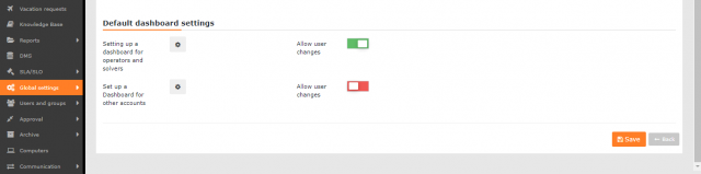 Dashboard default settings
