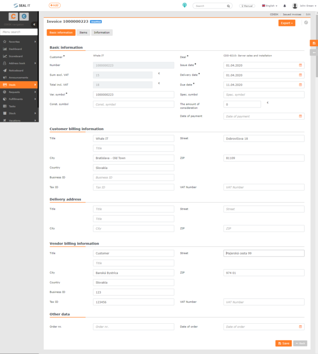 The invoice form before export