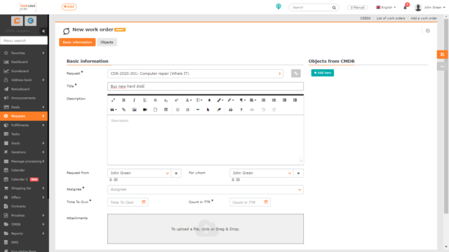 The form for entering new work orders