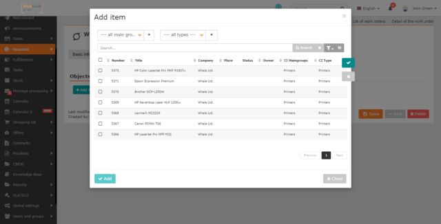The modal window for adding objects to the work order
