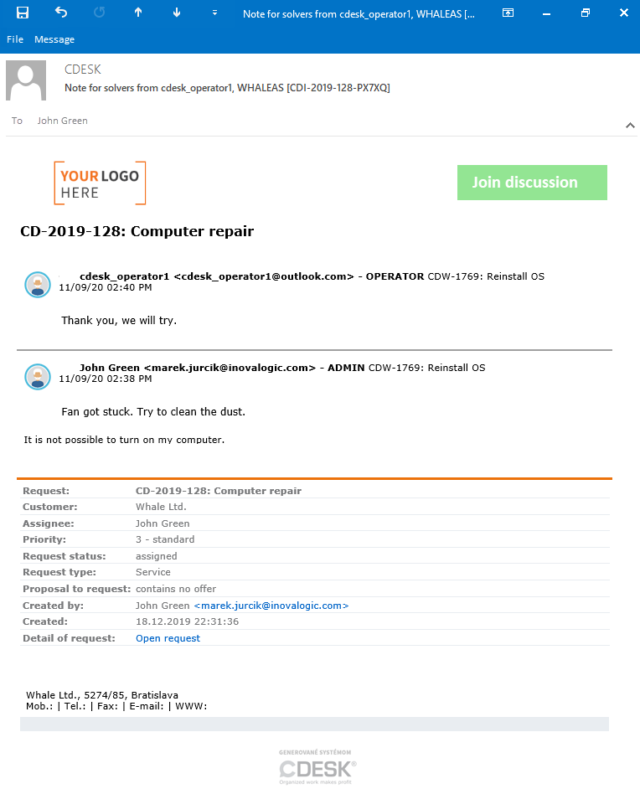 Preview of the note for assignees notification