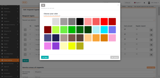 Color setting for a request type