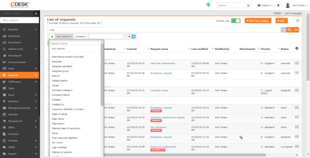 Filter conditions in the list of requests