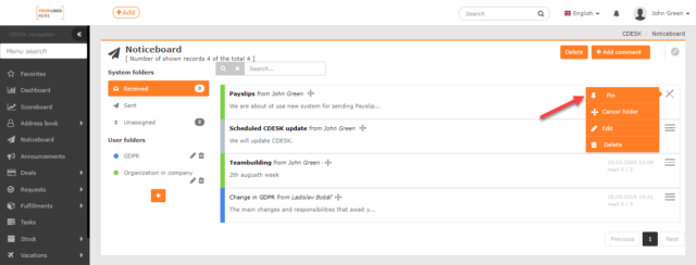 Pinning posts through the context menu