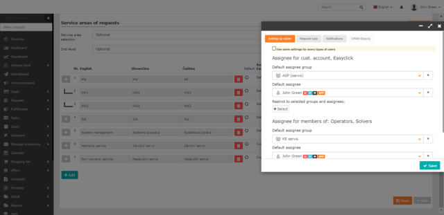 Assignees assigned for the service area. Special settings for assignees about the customer account, Easyclick and for assignees that are members of the Operators, Assignees groups.