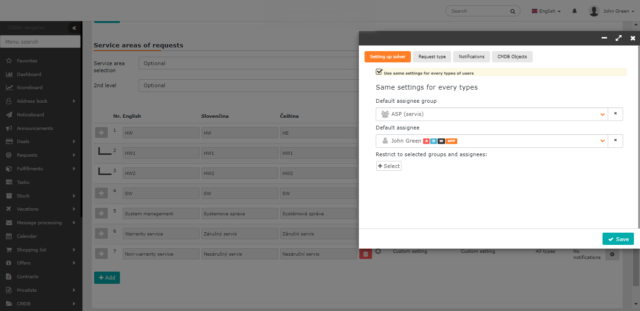 Assignees assigned for the service area. Unified settings for assignees for the customer account, Easyclick and for assignees that are members of the Operators, Assignees groups.