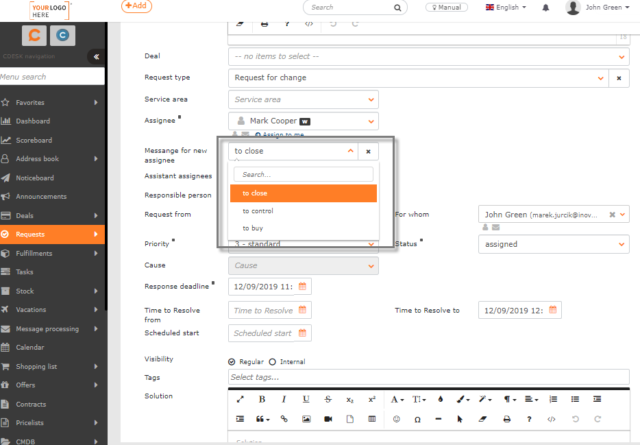 Message for the new assignee – settings in the request form
