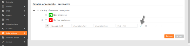 Symbol for saving a new category for the catalog of requests