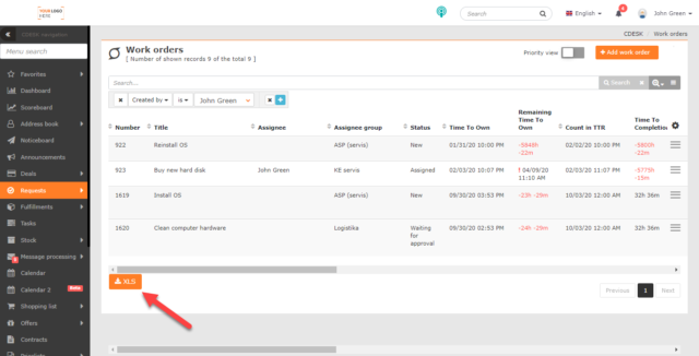 The button to export work orders