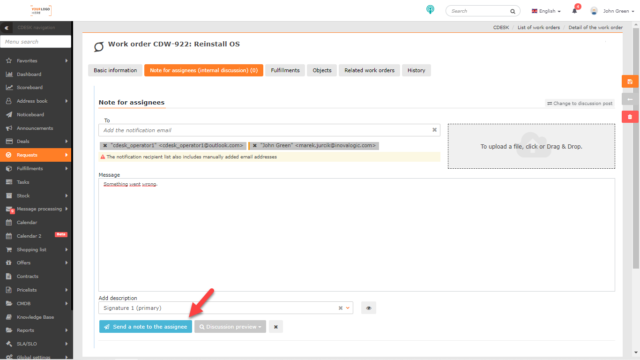 Button to send the note to the assignee