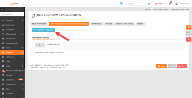 The button for adding new notes for assignees
