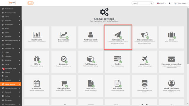 Location of the Noticeboard module in the Global Settings