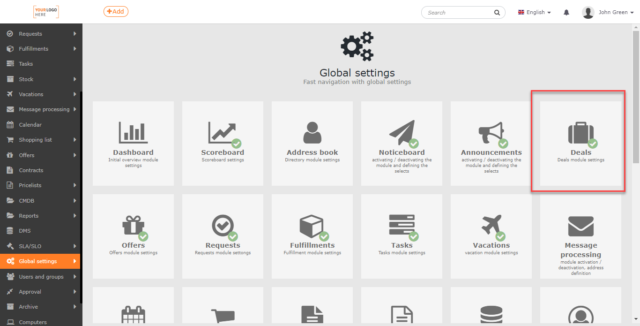 Location of the Deals module in the Global Settings