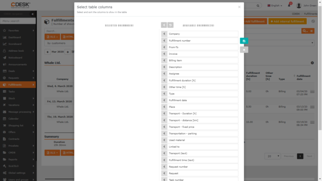 Selection of columns that will be displayed in the list of fulfillments