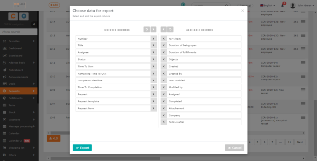 Selection of columns that are to be included in the export of work orders