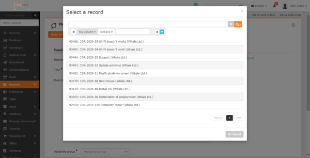 Select a request when entering the work order
