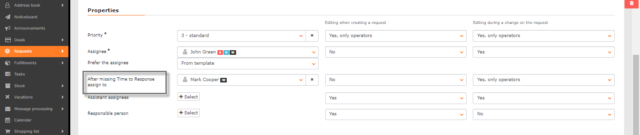 Assignee change after the missed time to response in the request template