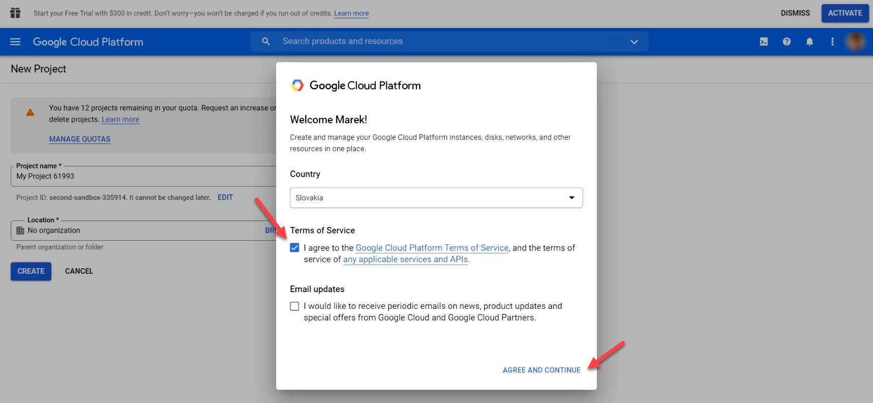 Confirmation of Google Cloud Platform terms of service