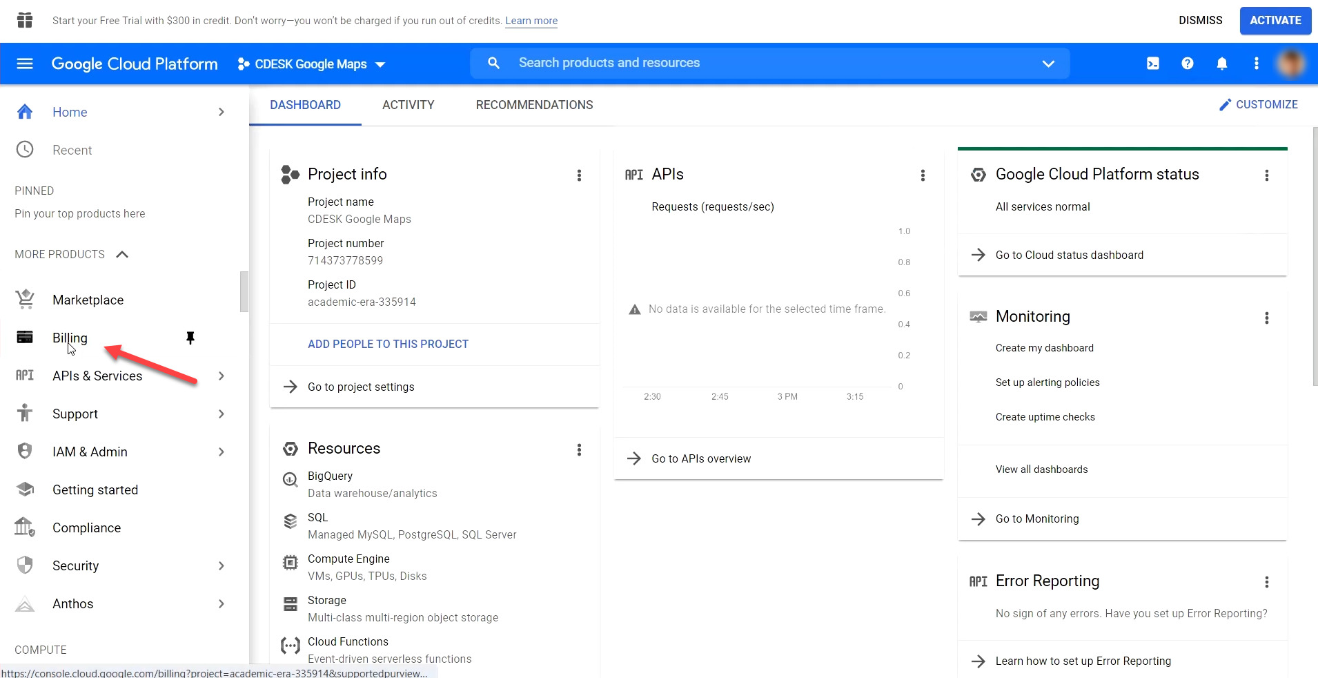 Billing button in the Google Cloud Platform main menu