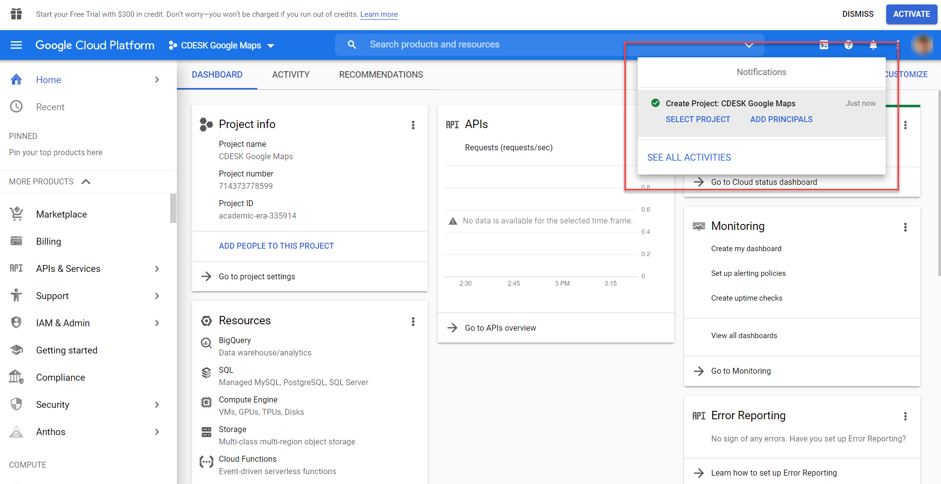 Google Cloud Platform home screen and notification of successful project creation