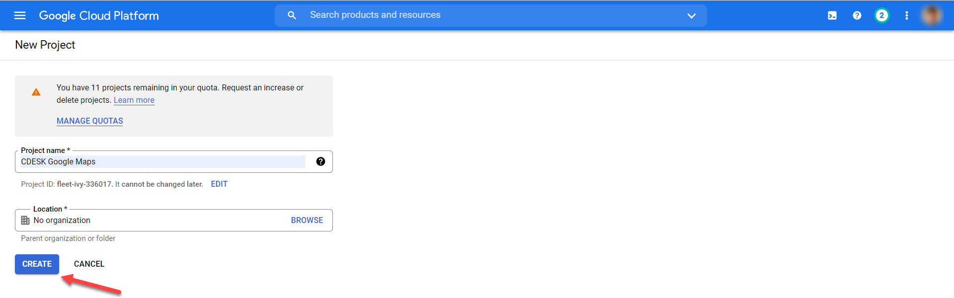 Entering a new project name on Google Cloud Platform