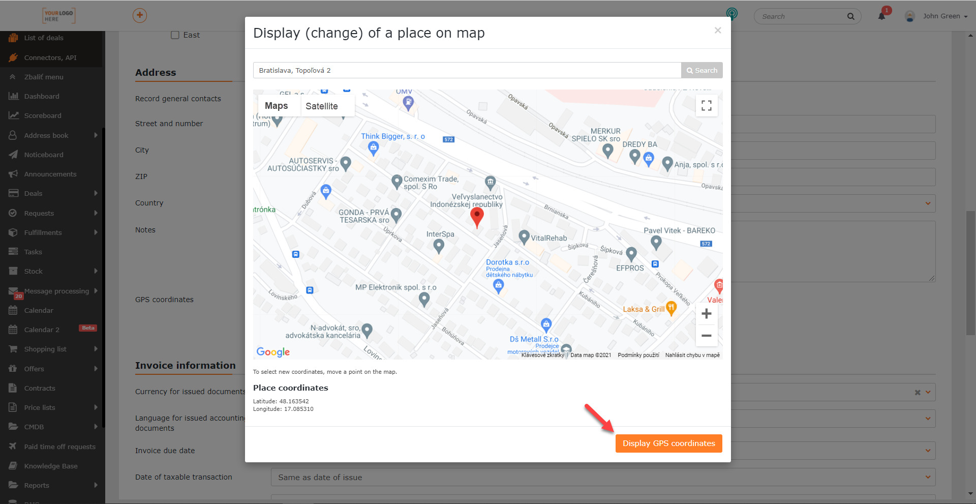 Showing the company on maps and button to get GPS coordinates