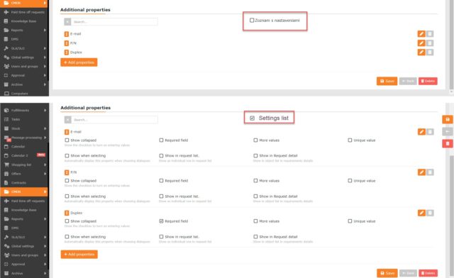 Dva rôzne režimy zobrazenia zoznamu doplnkových vlastností na CI Type