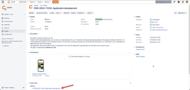 JIRA úloha vytvorená z CDESK požiadavky