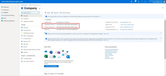 Application (client) ID a Directory (tenant) ID, ktoré slúžia na prepojenie CDESK konta s Azure AD
