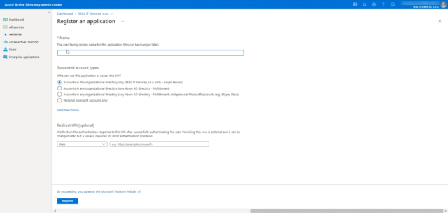 Formulár pre registráciu aplikácie Azure AD