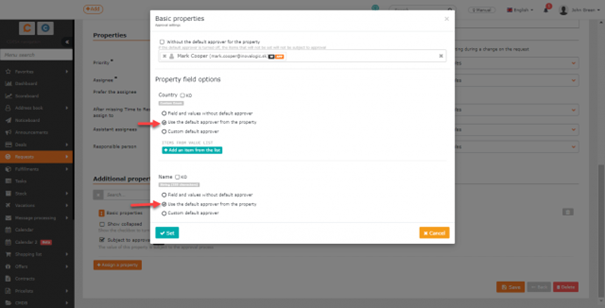 Setting properties to have the same default approver as on the entire property