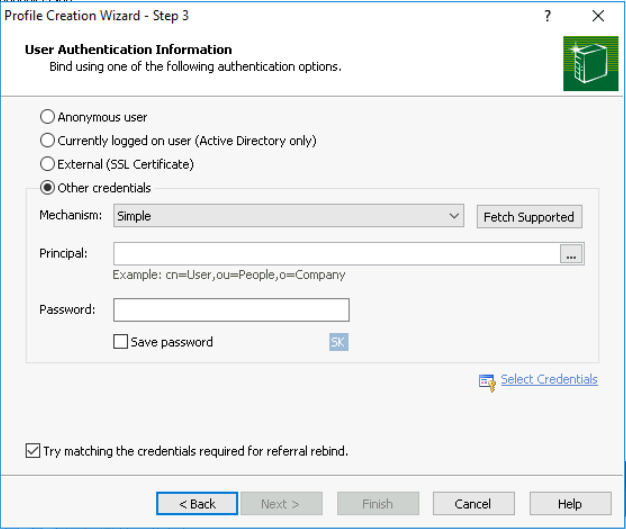 Step 4 of adding a connection in LDAP software – authentication method