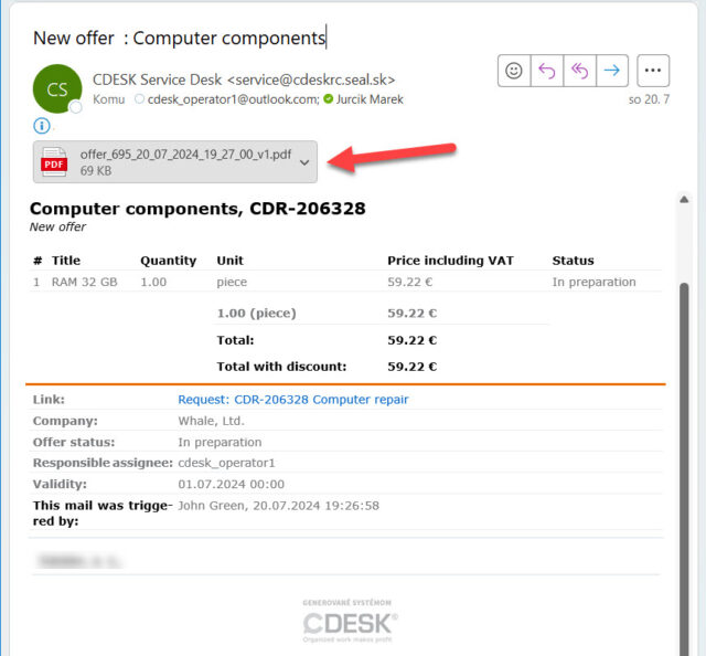 Pdf export, ktorý bol automaticky priložený do mailovej notifikácie z ponuky