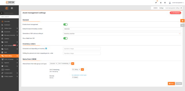 Global settings for Asset management